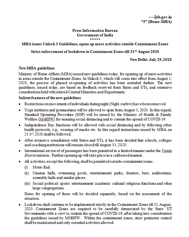 MHA issues Unlock 3 Guidelines, opens up more activities outside Containment Zones