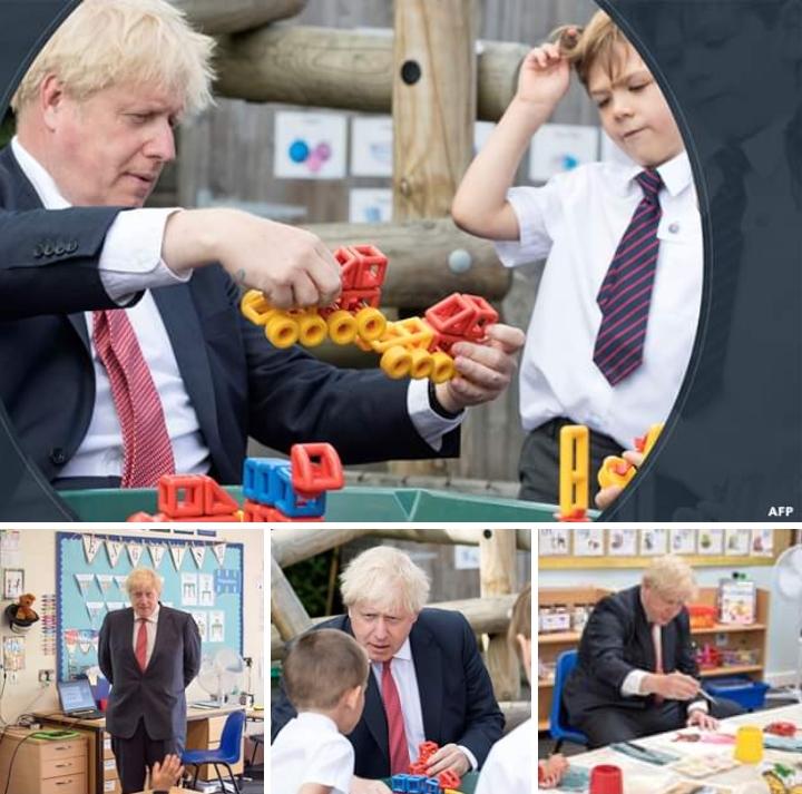 British Prime Minister Boris Johnson visited a school where he took part in a classroom lesson and interacted with school children in Kent, Monday, July 20.