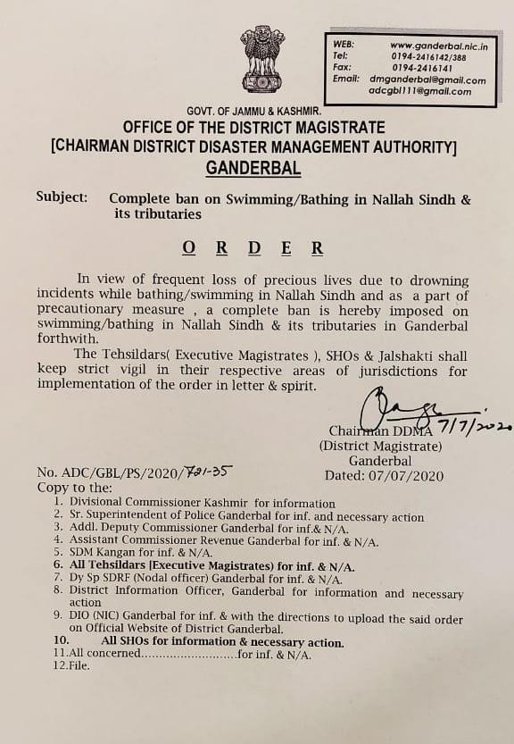 District Administration Ganderbal imposes ban on swimming, bathing in Nallah Sindh