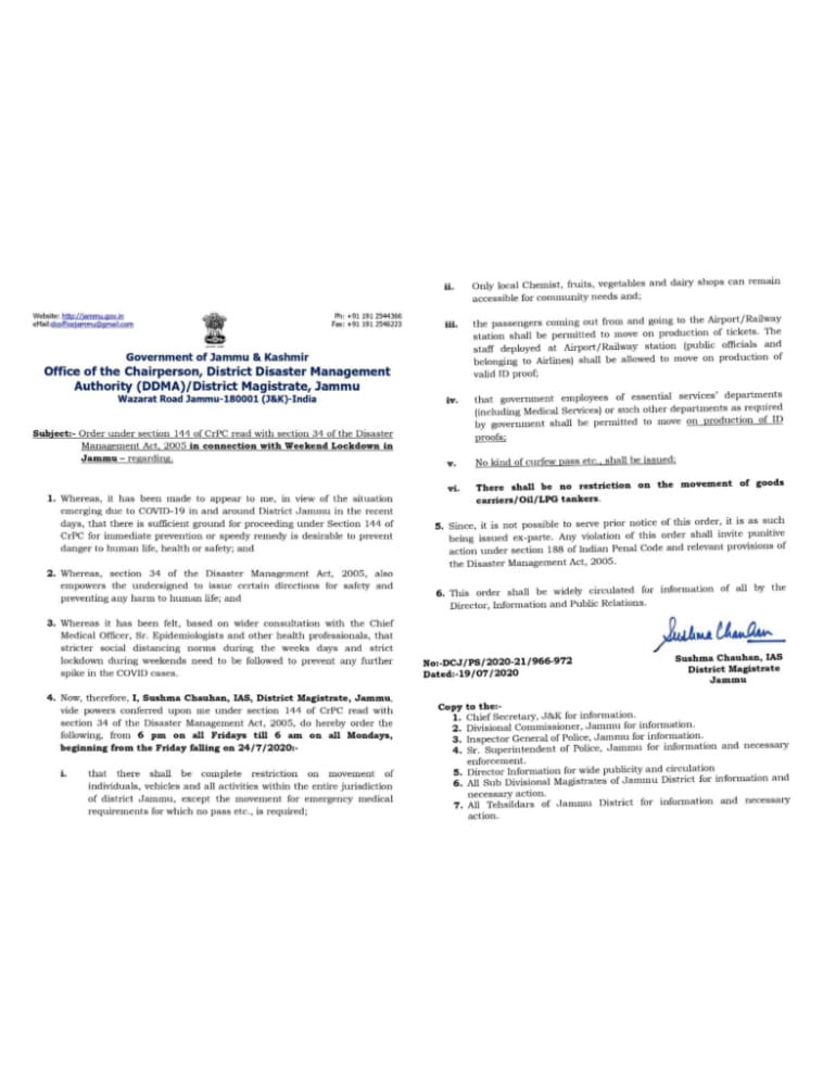 Weekend Lockdown in Jammu district from July 24