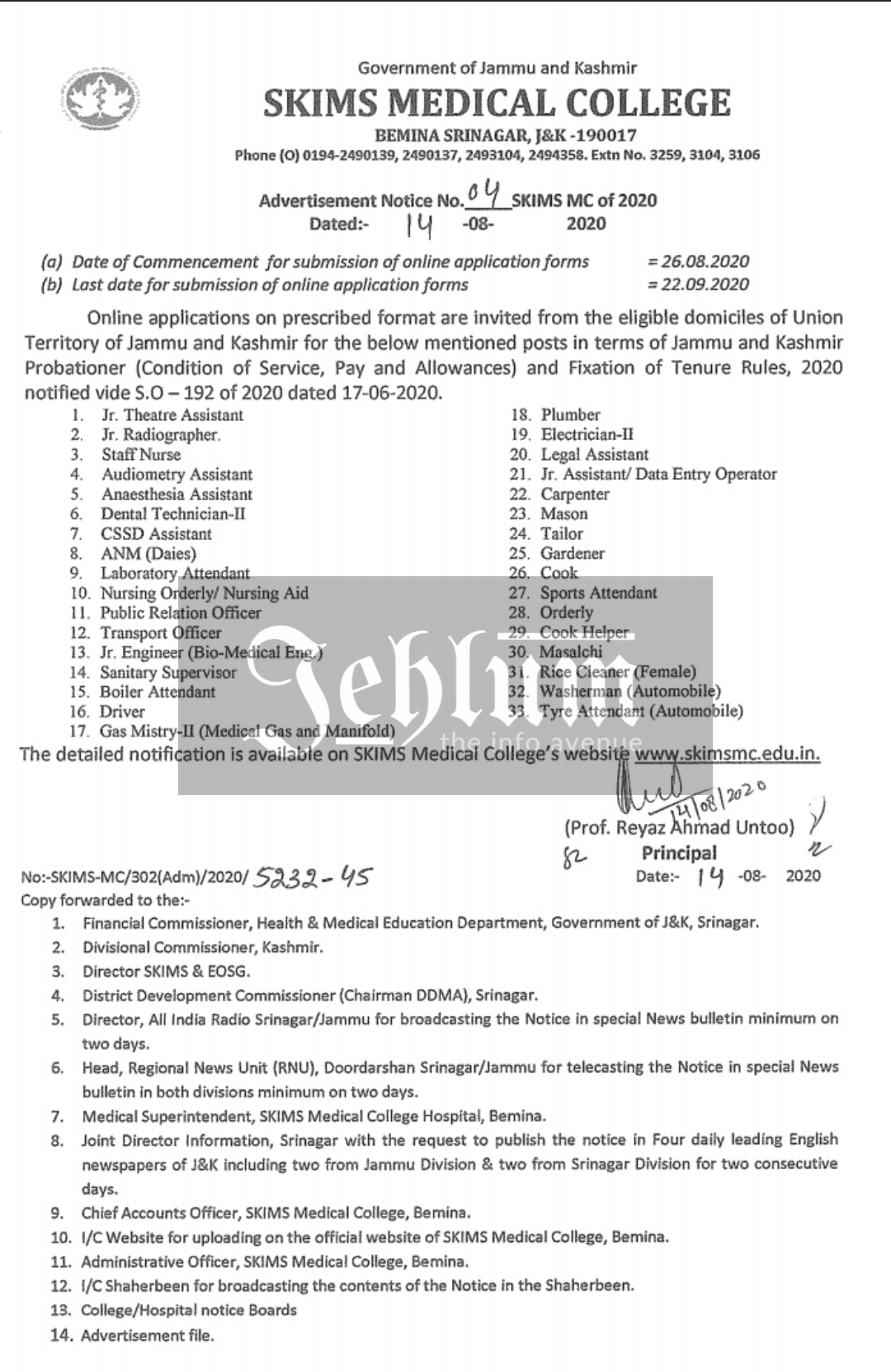 SKIMS MEDICAL COLLEGE Advertisement Notice No. 04 SKIMS MC of 2020