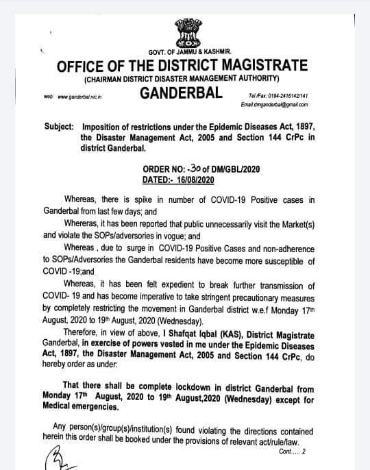 Lockdown extended in Ganderbal for 3 days
