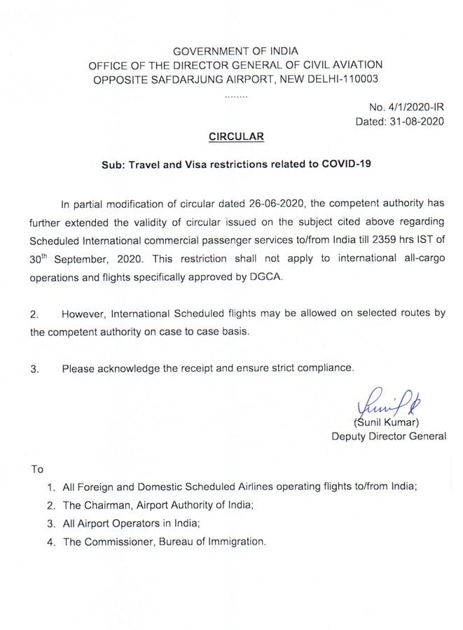 Ban on international commercial passenger flights Extended