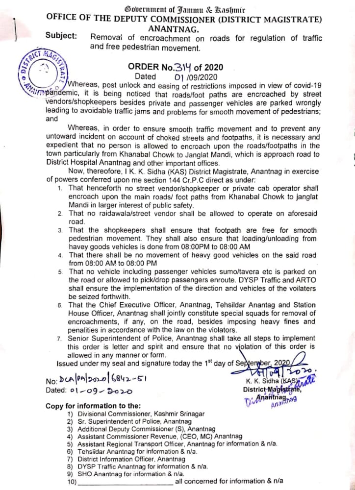 Subject: Removal of encroachment on roads foe regulation of traffic and free pedestrian movement. #Anantnag