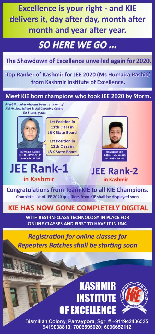 JEE 2020 Exam: KIE bags first 2 positions in Valley