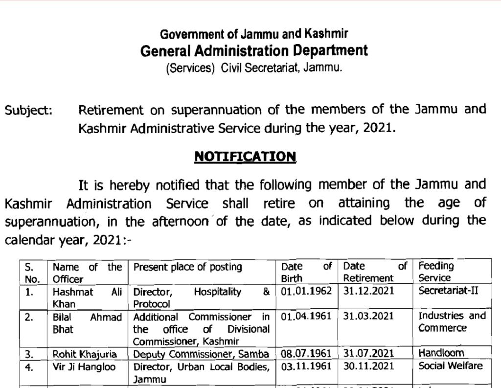 18 KAS officers to retire after attaining age of superannuation in 2021