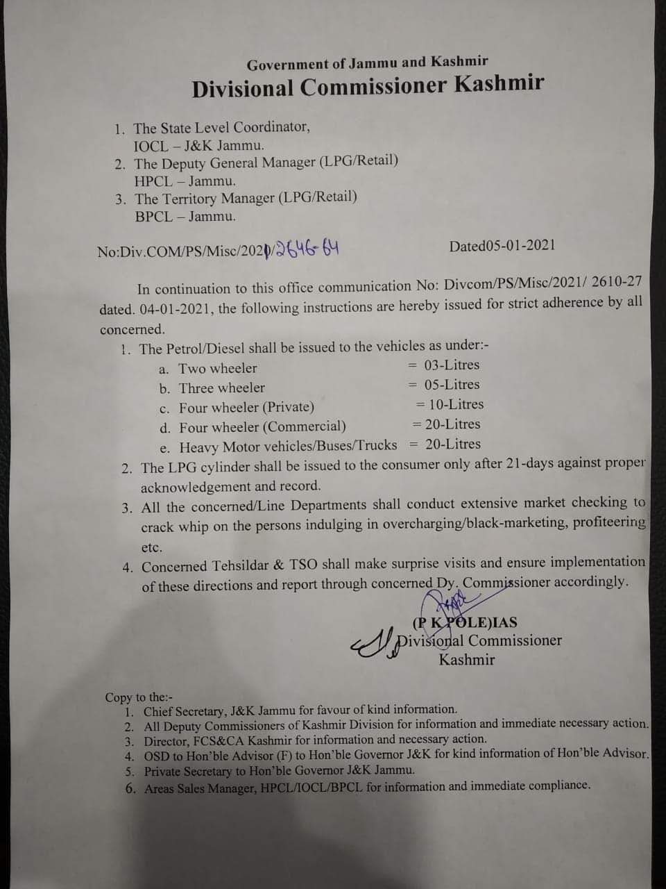 Divisional Administration Orders Rationing Of Fuel, LPG As ‘Precautionary Measure’ In Kashmir