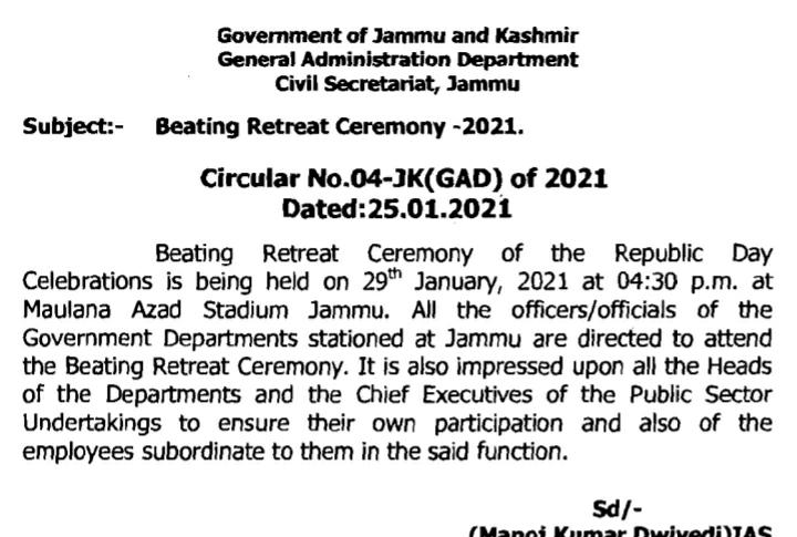 Government Officers, Officials Stationed at Jammu Asked to Ensure Participation in ‘Beating Retreat Ceremony’