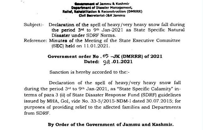 Govt Declares Jan 3 to Jan 9 Heavy Snowfall in Valley as ‘State Specific Calamity’