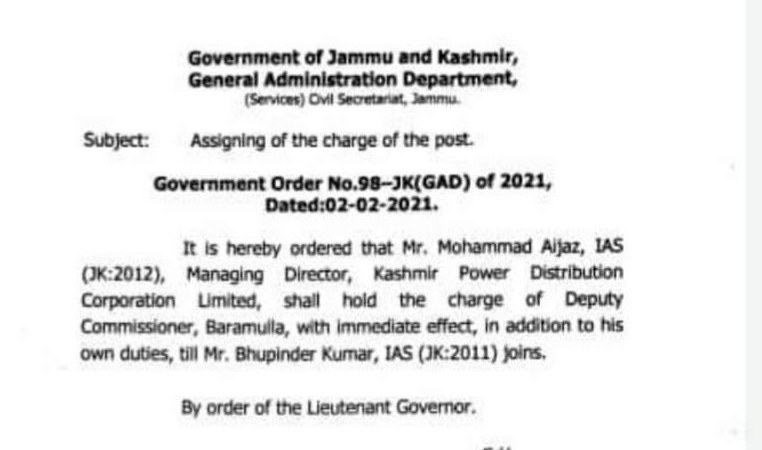 Mohammad Aijaz (IAS) Given Additional Charge Of DC Baramulla