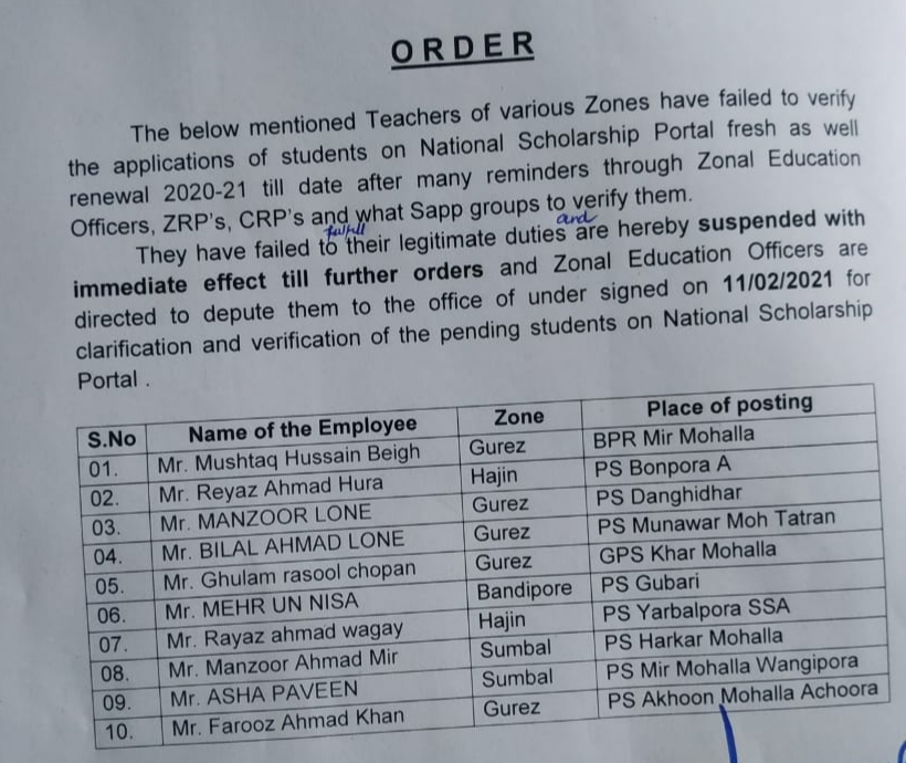 10 teachers suspended in Bandipora for failing to verify application of students on national scholarship portal