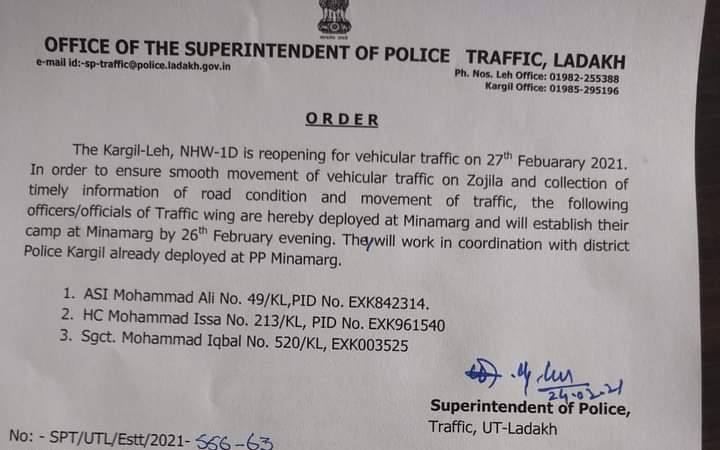 Kargil-Leh Highway to re-open for vehicular traffic on Sunday