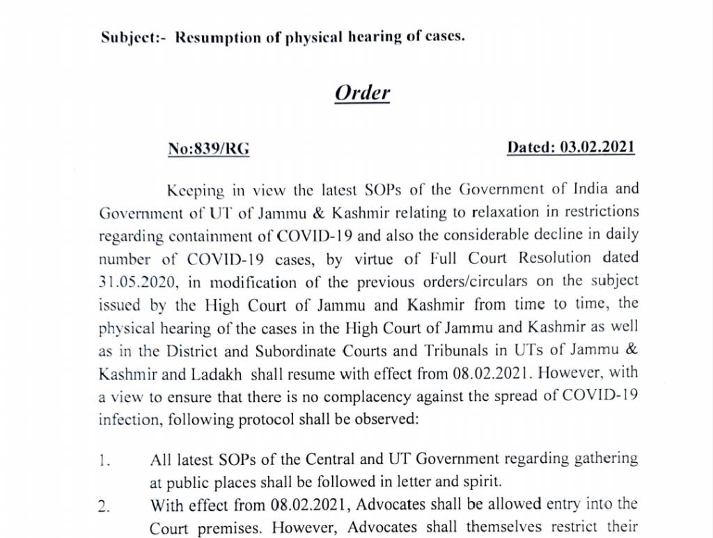 Physical hearing in courts across J&K, Ladakh to resume from Feb 08