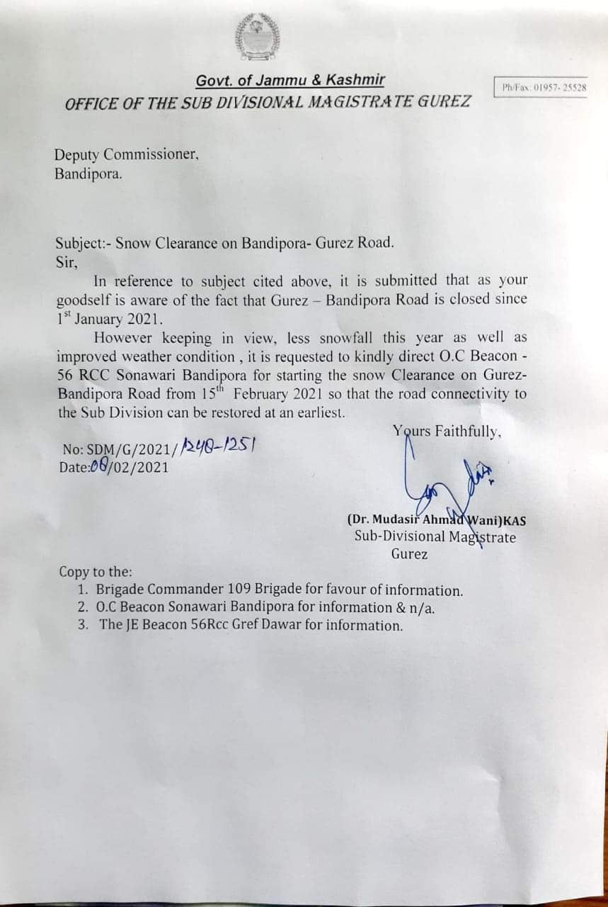 Bandipora-Gurez road: Snow clearance operation likely to start from Feb 15