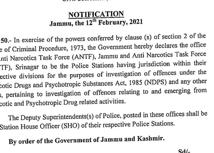Govt Notifies ANTF Srinagar, Jammu As Police Stations For NDPS Cases