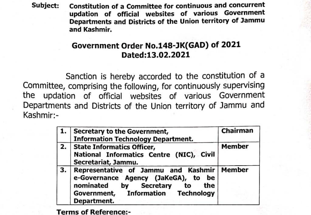 Govt forms committee to supervise updation of deptt websites, others