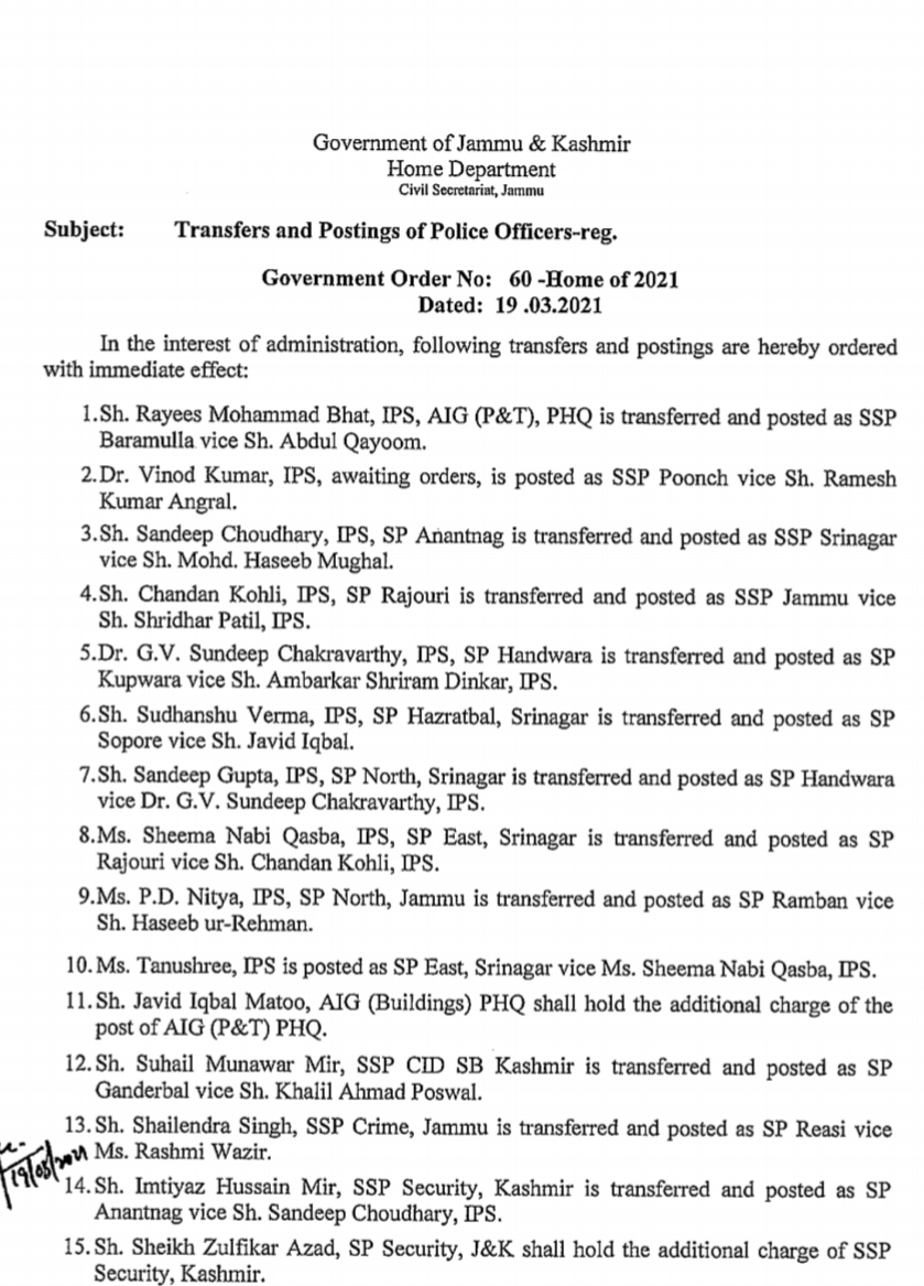 Major rejig in police: Sandeep Chowdhary is new SSP Srinagar, Tahir Saleem SSP Budgam