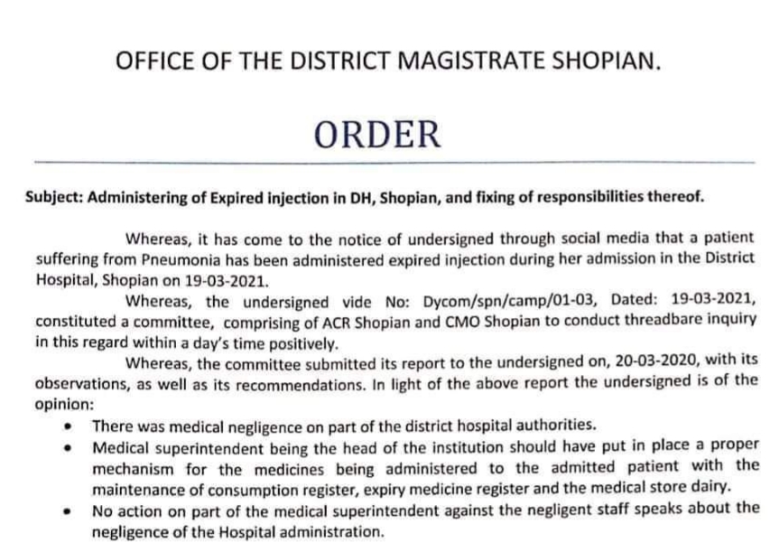 Probe Panel Confirms 6-Month-old Girl Administered Expired Injections In Shopian