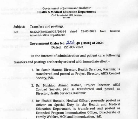 Minor reshuffle in health deptt, Dr Mushtaq Rather is new Dir Health Kmr