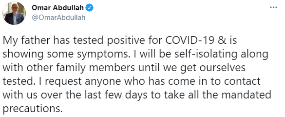 Farooq Abdullah tests Covid-19 positive: Tweets Omar Abdullah