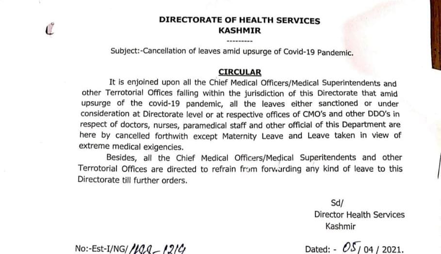 Covid-19 Surge: Directorate Health Services Kashmir Cancel Leave To All Doctors, Other Staff