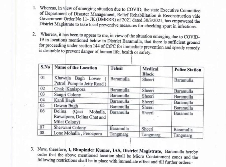 8 localities notified as micro-containment zones in Baramulla