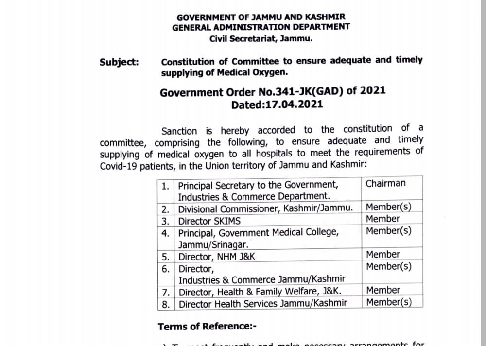 Covid-19 resurgence: J&K admin constitutes high level panel to ensure adequate, timely oxygen supply to all hospitals of UT