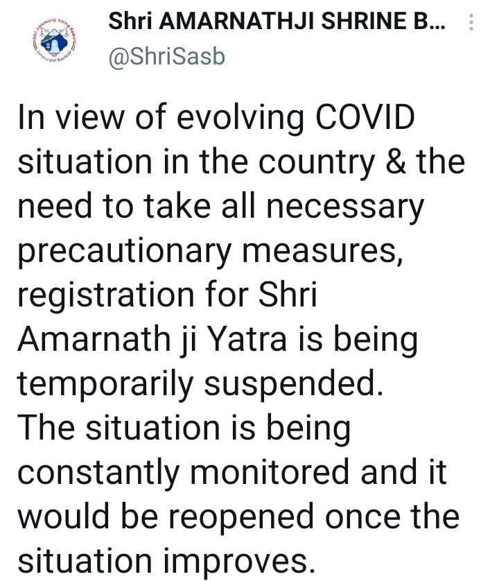 SASB Temporarily Suspends Amarnath Yatra Registration