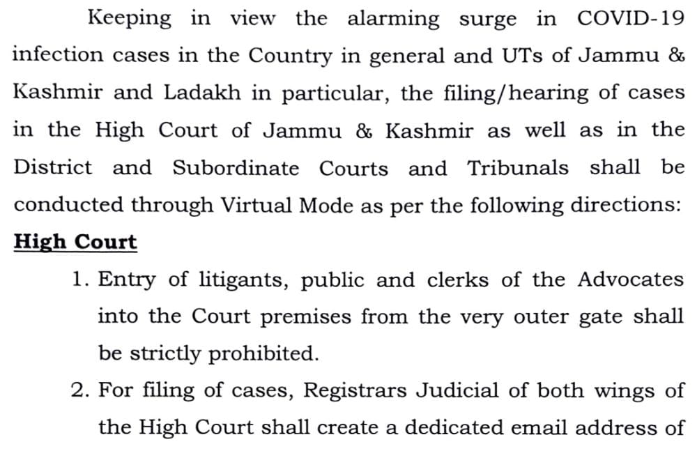 HC Orders Virtual Hearings Till May 15 In J&K, Ladakh ‘Lawyers Not Required In Premises’