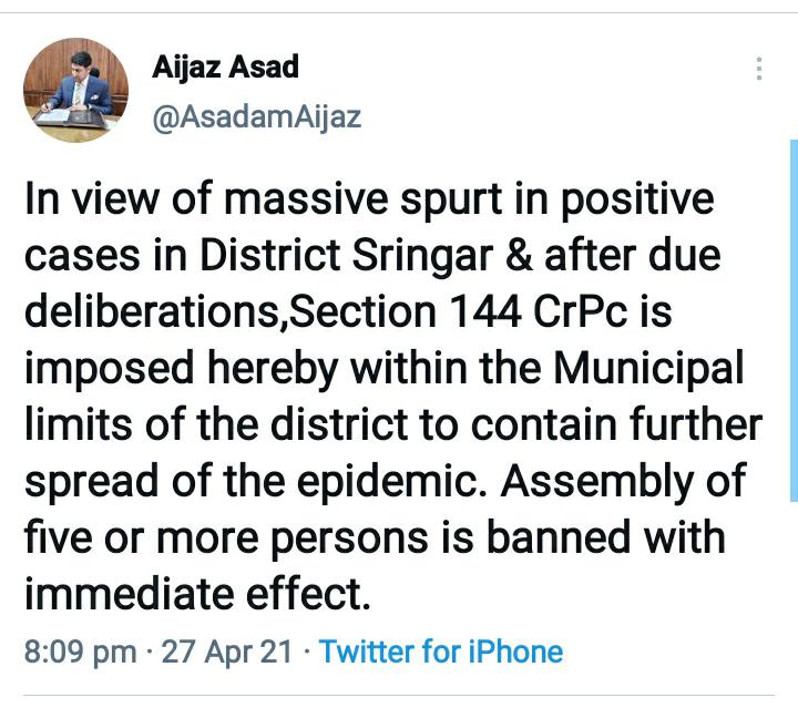 Amid spike in COVID cases, Sgr Admin imposes section 144 CrPc within municipal limits of district