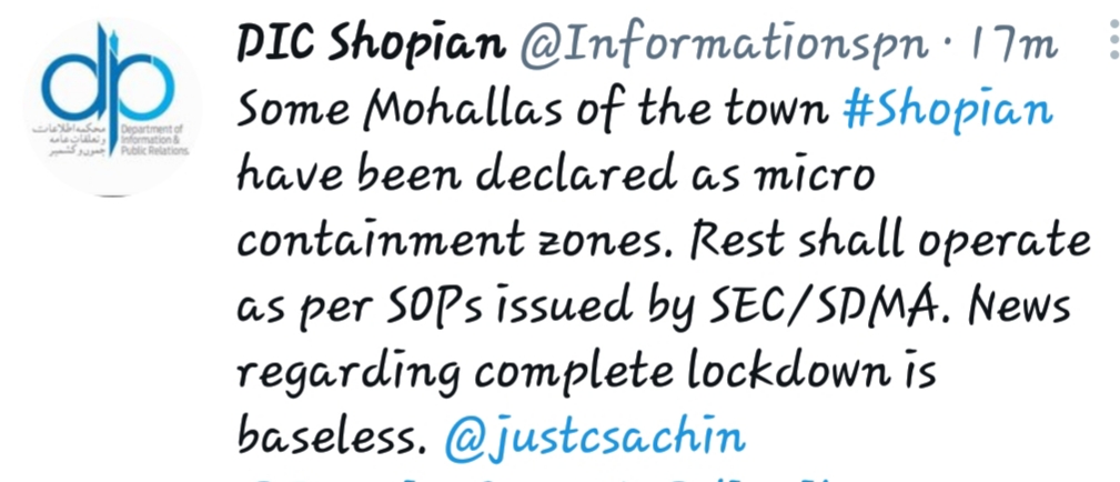 Shopian Admin Refutes Reports of Complete Lockdown in District