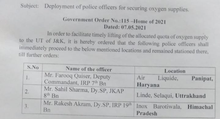 For securing Oxygen supply, J&K Govt deploys 3 police officers in Himachal, Haryana, Uttrakhand