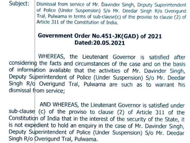 DySP Davinder Singh, Two More Teachers Dismissed In ‘Interest Of Security Of State’