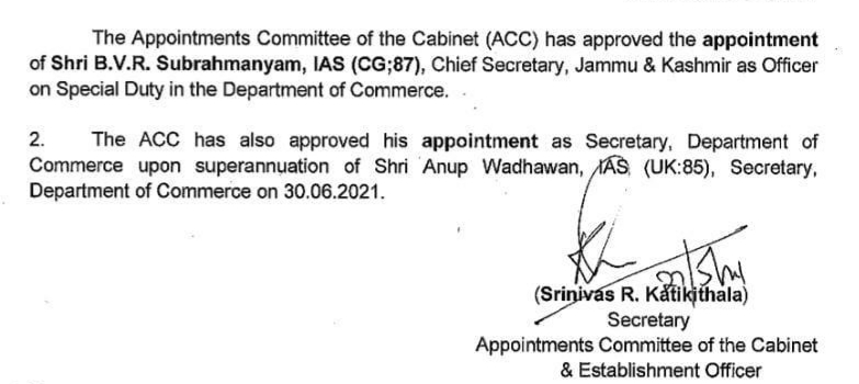 ACC Approves J&K Chief Secretary’s Appointment As OSD In Commerce Ministry, Next Commerce Secretary