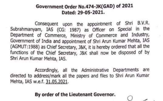 Govt directs admin department to mark all papers, files to new CS Arin Kumar Mehta from May 31