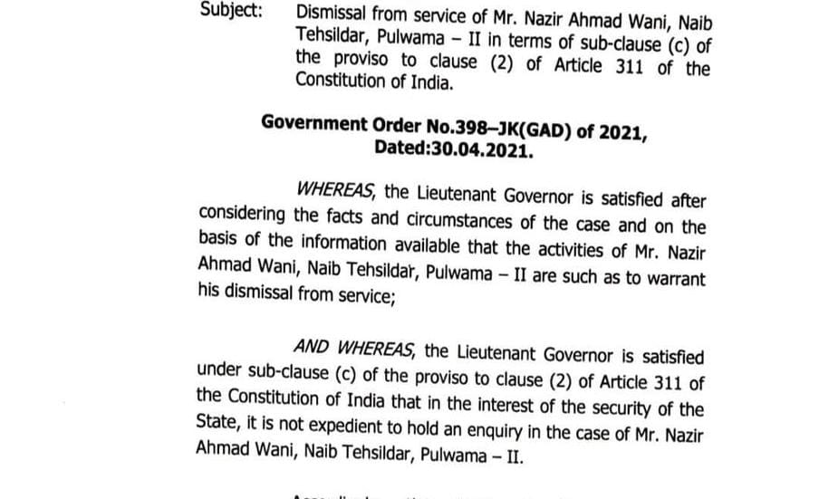 Now Naib Tehsildar dismissed in ‘interest of security of state’