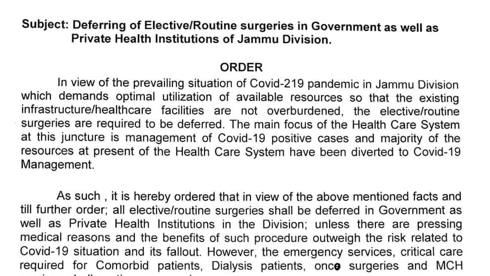Covid-19 Surge: Routine surgeries in all hospitals across Jammu division deferred
