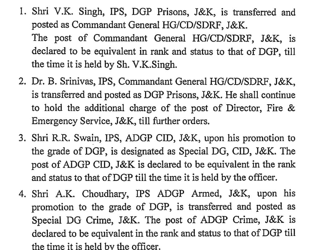 Dr. B. Srinivas Posted DG Prisons, Several Other Top Officers Transferred In J&K