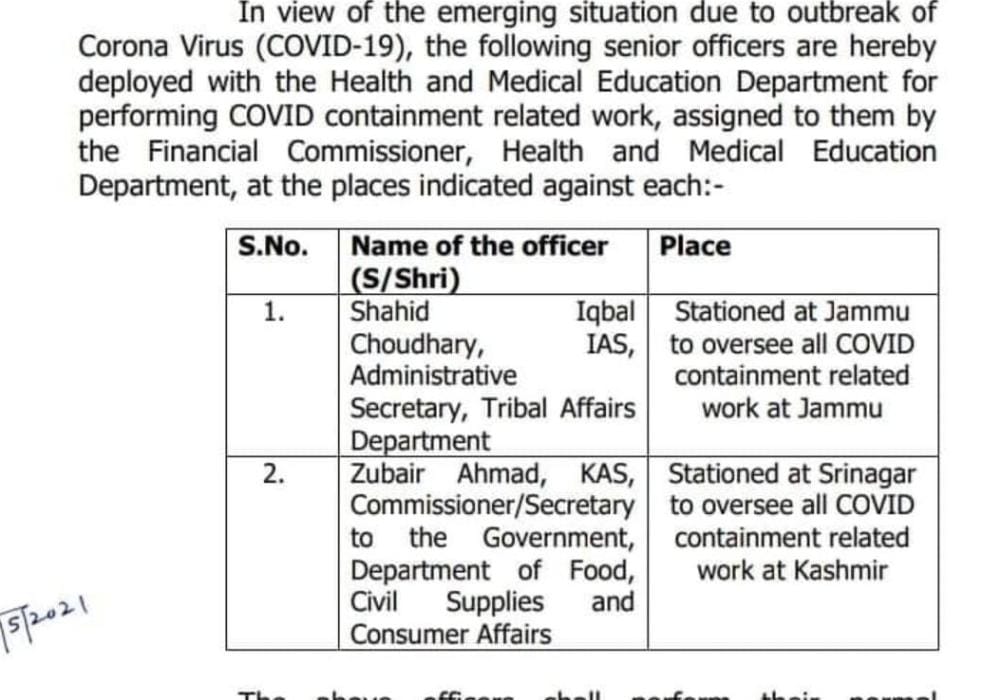 Govt Deploys Two Senior Officers To Oversee All Covid Containment Related Work In J&K