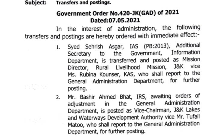 Bashir Ahmad Bhar Posted VC LAWDA, Sehrish Asgar Mission Director