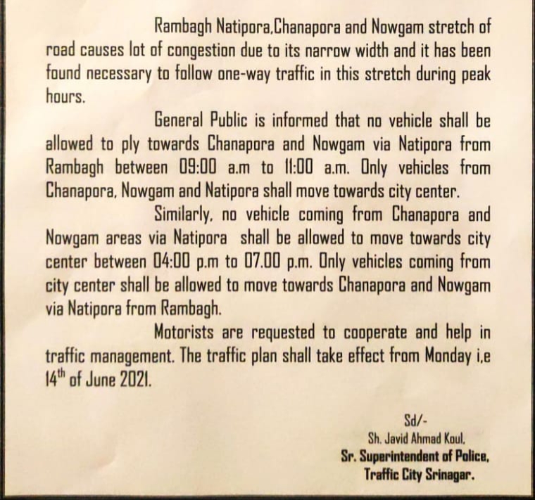 One way traffic Rambagh-Natipora, Chanpora and Nowgam Stretch of Road from Monday