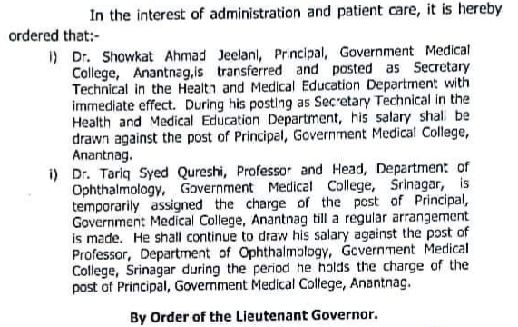 Govt Transfers Principal GMC Anantnag, Posts Him Secretary Technical In H&MC Deptt