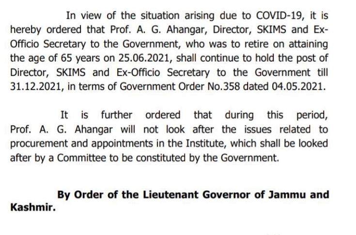 Dr. Ahangar gets extension as Director SKIMS