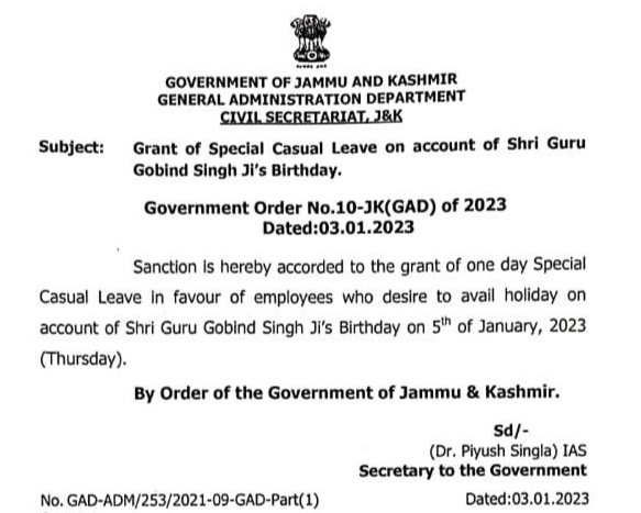 Guru Gobind Singh Ji Birthday: Govt grants special casual leave on Jan 05