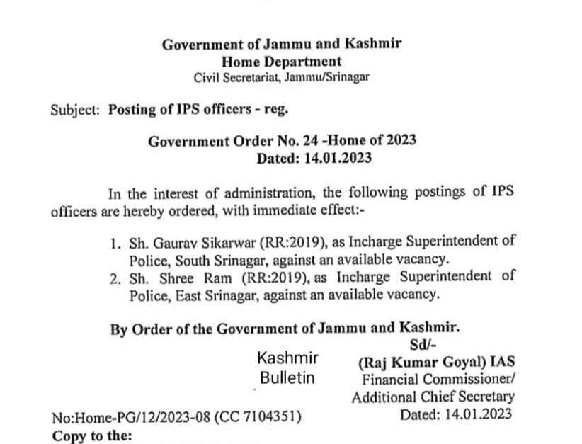 Gaurav Sikarwar posted as SP South Srinagar, Shree Ram as SP East