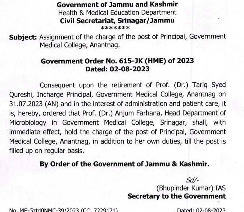 Dr Anjum Farhana gets additional charge of principal GMC Anantnag