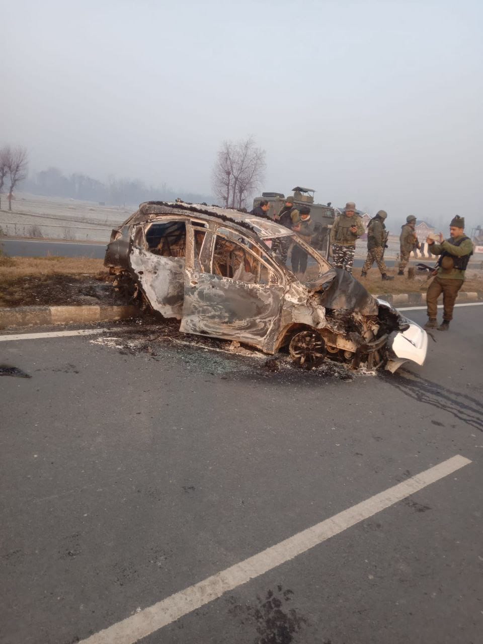 Car catches fire on highway in Kulgam, travellers safe