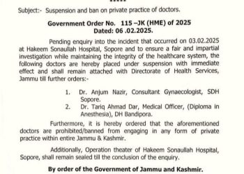 2 doctors suspended, barred from private practice after medical negligence in Sopore