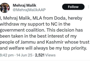MLA Mehraj Malik Withdraws Support to NC, Cites Public Interest as Key Reason